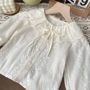 D556 Girls Lace Lapel Shirt Spring Autumn Baby Embroidered Base Layer Top Toddler Princess Versatile Fashion Blouse