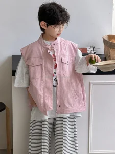 D839 Boys Spring Korean Children’s Polyester Cotton Tooling Waistcoat Pink Good Quality Spot