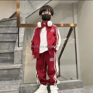 D855 Boys’ Autumn Fashion Suit Polyester Long Sleeve Cardigan Jacket Joggers Sportswear Two Piece Set