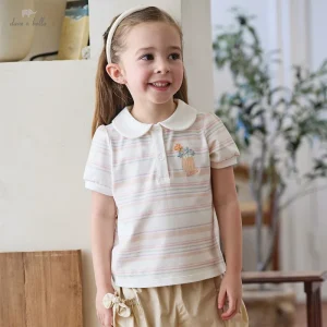 DB2261703 Children Girls Sweet Top Summer Casual Striped Short Sleeve Polo Shirt Outdoor Embroidery T shirt