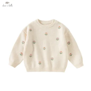 DB4254123 Children Sweater Pullover Autumn Winter Girls Baby Long Sleeved Sweet Cute Flower Kids Knitted Top