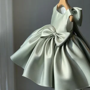 Daily Satin Dress for One Year Old Baby Girls Summer Birthday Princess Skirt Bow Flower Decoration Kidsren’s Skirt