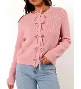 Decorated Bowknots Pink Color Fashion Young Girl Women Knitted Cardigan Fluffy Anti-Shrink Cotton Polyester Sweaters