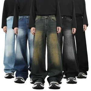Denim American Retro Jeans for Men Washable Loose Versatile Casual Straight Leg Wide Leg Trousers for Boys