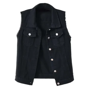 Denim Waistcoat Short Slim fit Pink Fur trimmed Sleeveless Vest with Ripped Waistcoat