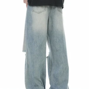Designer Jeans High Street Loose Ripped Knee Holes Fashionable Solid Summer Straight for Boys Girls Washed Denim