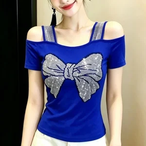 Diamond Bowknot Women Top Custom Pattern Girls Rhinestone Tee Breathable Mesh T Shirt