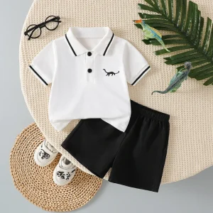 Dinosaur Embroidery Shorts Boutique OEM ODM Summer Short Sleeve Polo Boy Clothing Boys Clothing Sets