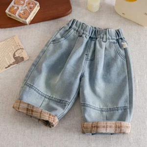 Dog Embroidery Toddler Boys Cropped Jeans with Plaid Cuffs Soft Cotton Denim Pants for Kids Korean Style Children Harem Trousers