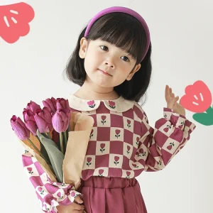 Drop Ship Factory Kids Girls Embroidered Floral Peter Pan Collar Doll Shirt Custom Logo Children Flower Cotton Blouse