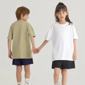 Drop Shoulder Oversized Solid Cotton Blank Tee Children Short Sleeve Crew Neck Boys T Shirts
