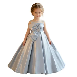 Dusty Blue Satin Big Bow Flower Girls Dresses 2-12 Children Clothing Luxury Baby Girl Birthday Dress Summer Kids Wear