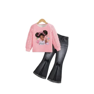 Eco Friendly Cartoon Print Leisure Girls Clothing Set with Round Neck Puffed Sleeves Flared Jeans Worsted Fabric