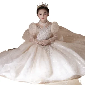 Elegant Champagne-colored Princess Dress with Shimmering Sequins, Glitter Details
