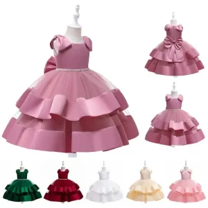 Elegant Girls Ball Gown Beaded Belt and Bow Dress for Kids 110 150cm Formal Style for Summer