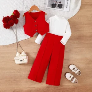 Elegant Girls Clothing Sets Casual Cotton Top and Wide Leg Pants Children’s Clothing Casual Worsted Girls Three Piece Set