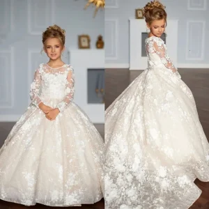 Elegant Girl’s Evening Dress Children’s Piano Performance Birthday Party Dress Lace Long Sleeve Sweep Flower Girl Dress