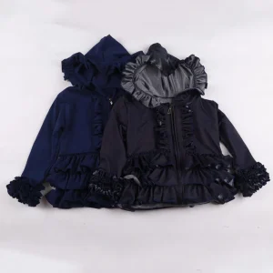 Elegant Navy Multi-layer Ruffle Trim Hooded Toddler Breathable Cotton Kids Girls Casual Long Sleeve Zipper Outerwear Tops