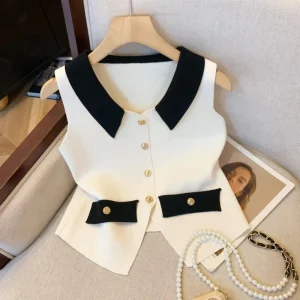 Elegant Style Women V-neck Vest Autumn Fashion Sleeveless Button Top for Ladies