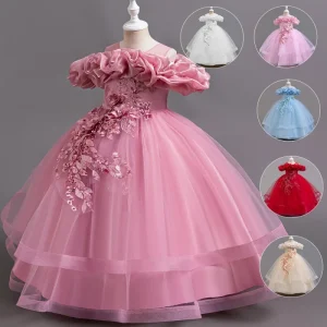 Elegant Summer Ball Gown for Teenagers Girls Evening Party Dresses with O Neck Flower Decoration ALP 0031 Kids Clothing