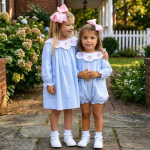 Embroidered Girl’s Dresses Sisters Matching Children Bubble Gingham Girls Woven Scallop Long Ruffled Toddler Girl Autumn Dress
