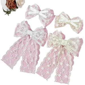 Embroidery Bow Grosgrain Polyester Hair Clips Sweet Elegant White Lace Net Ponytail Hairpin Girls Kids Headdress Accessories