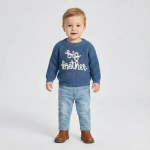 Embroidery Knit Pullover Sweater Soft Skin Friendly Crew Neck Warm Kids Boys Casual Daily Sibling Spring Autumn Outwear