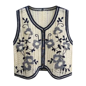 Embroidery Knitted Waistcoat Women Short Loose Sleeveless Sweater Vest for Spring Autumn