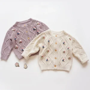 Environmentally Friendly Materials Purple Hand Knit Girl Kids Sweaters Customized 100% Cotton Girl Knitwear Ccc