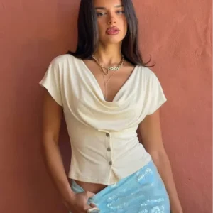 Euro American Style Draped Neck Tee Slim Cropped Short Sleeve Top Fashion Girl Blouse
