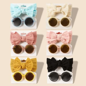 European American Jacquard Bowknot Headband Flower Sunglass 2 Piece Set for Baby Girl UV Protection Summer Accessories