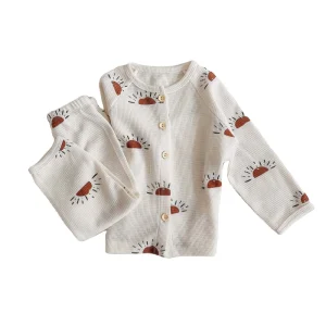 European Baby Boutique Waffle Sun Print Kids Pajamas Button Sleepwear Girls Boys Clothing Sets