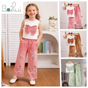 European Style Kids Clothing Sets Pink Girl Suit for Vest Top + Loose Wide Leg Pants Leisure Summer Children’s Suit for 7Y