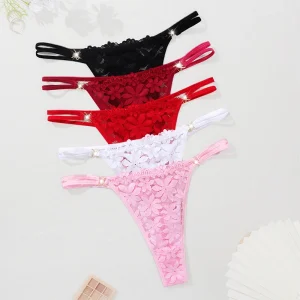 European and American Plus Size Women’s Thongs Panties Low Waist Sexy Lace G string Underwear with Floral Soft Briefs with Chain