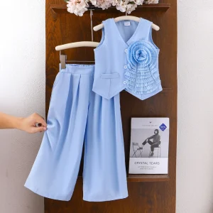 European and American Summer Children’s Girls’ Set with Flower Decorations Sleeveless Top and Long Pants Suit