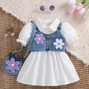 European and American Summer Solid Color Bubble Sleeve Dress with Strap Bag 3 Piece Set