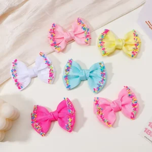European and American Sweet Children’s Dual Layer Ribbon Bow Candy Hair Clips Fabric Polyester Hairpin 7cm for Kids