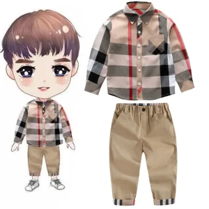 European and US Style 2pcs Checked Blouse Set Boys Long Sleeve Shirts Kid