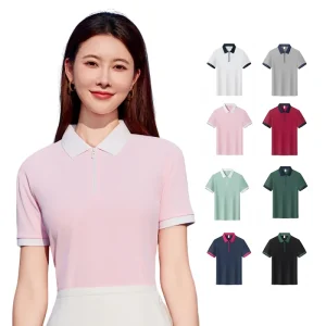Excellent Quality Women Women’s Zipper Color Blocked Polo Shirt Short Sleeve Casual Collared T Shirt for Office