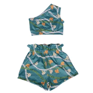FM Leopard Printed Baby Girls Hawaii One Shoulder Top Ruffle Shorts Set Bamboo Cotton Anti Pilling Custom Sets Europe