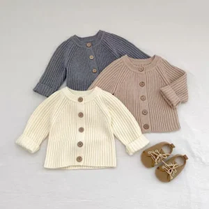 Factory 100% Organic Cotton Soft Comfortable Sweater Baby Boy Girl Knitted Clothes Ribbed Infants Cardigan Fall Solid Front
