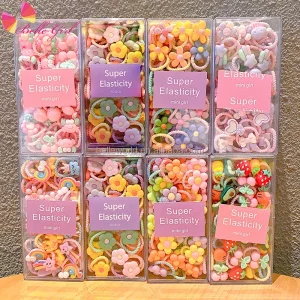 Factory 50pcs a Box Kids Children Accessories Small Hair Ties Lovely Cute Rubber Bands with Bow Fruit Flower Designs
