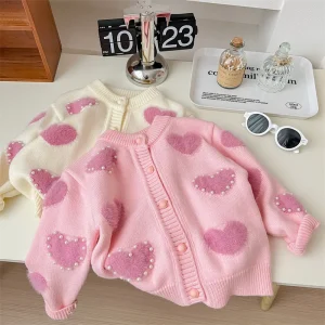 Factory Autumn Heart patterned Cardigan Sweaters for Little Girls Kids’ Knitted Outerwear Made of Pearl Yarn