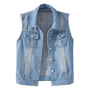 Factory Cotton Denim Waistcoat Short Slim fit Pink Fur trimmed Sleeveless Vest with Ripped Waistcoat