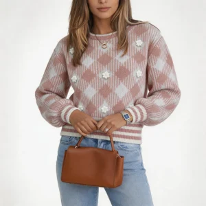 Factory Custom 3D Floral Applique Argyle Plaid Crew Neck Bubble Sleeve Cropped Sweater Girl Knitted Pullover Cropped Knit Top