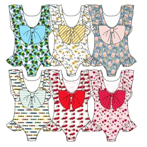 Factory Customized Girls Swimwear Ruffle Sleeves Bow Decor Summer Soft Breathable Kids Bathing Suits