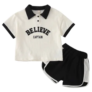Factory Direct Cotton Kids Two piece Suits Short Sleeve Polo T shirt and Shorts Boys Girls Apple Pattern Printing Cartoon Summer