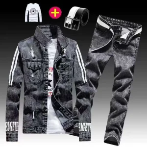 Factory Direct Sales Youth Motorcycle Boy Denim Jacket With Long Pants Korean Version of the Trendy Handsome Jacket Set