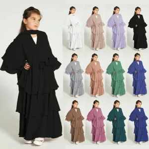 Factory Direct Supply Elegant Modest Three-Layer Flowing Polyester Children’s Dress New Children’s Headscarf Abaya