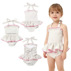 Factory Direct Supply Summer Holiday Kids Clothes Seersucker Custom One Piece Girls Swimwear with Ruffle Quick Dry